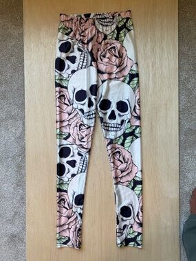 Lotus Leggings Pink Rose & Black Skull Print Leggings for Women
